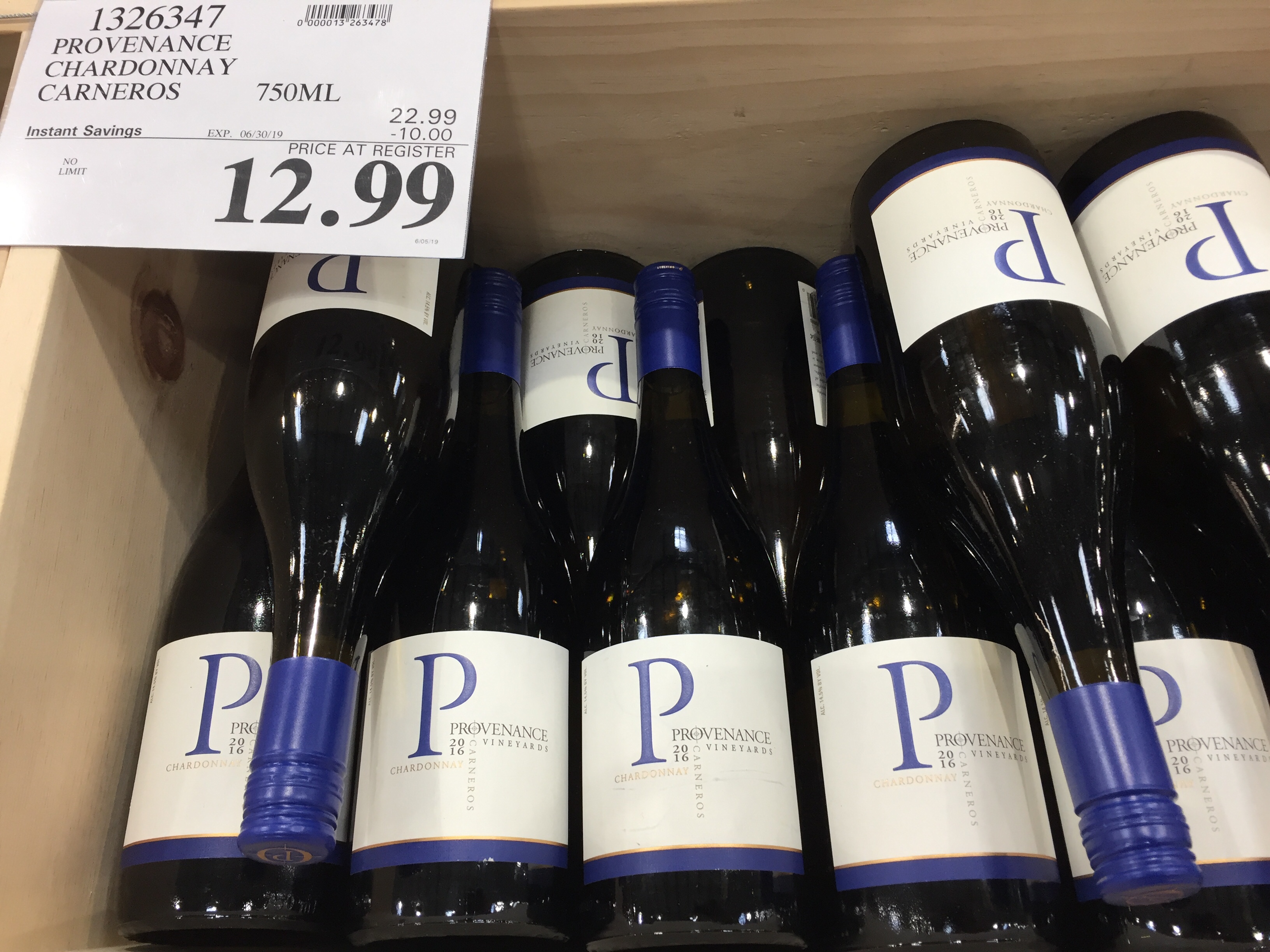Bin of Provenance Chardonnay at Costco, $10 off and $12,99 final price.