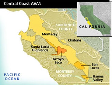 Map of California's Monterey County AVA showing location of Santa Lucia Highlands