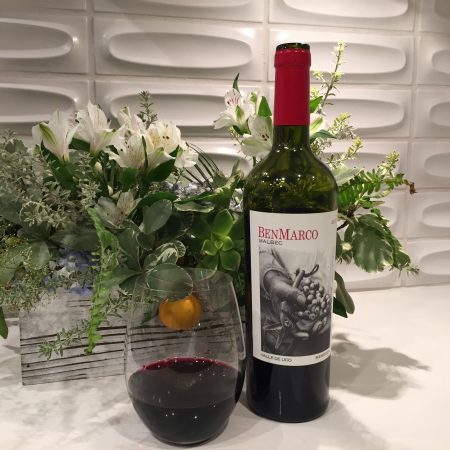 Bottle and glass of BenMarco Malbec from Costco