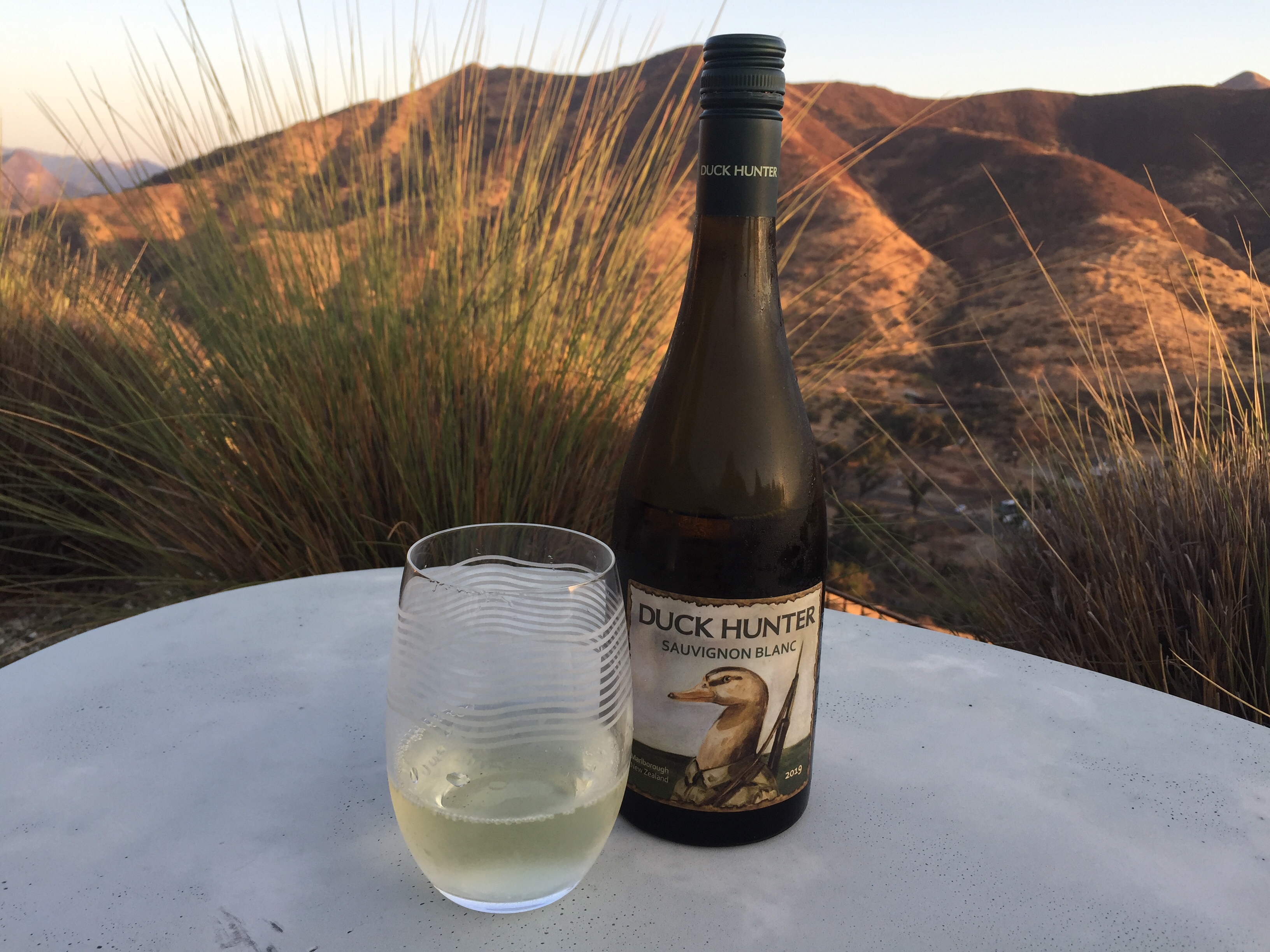 Bottle and glass of Duck Hunter 2019 Sauvignon Blanc from Costco