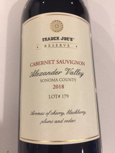 Front label of Trader Joe's Reserve 2018 Cabernet Sauvignon Lot #179