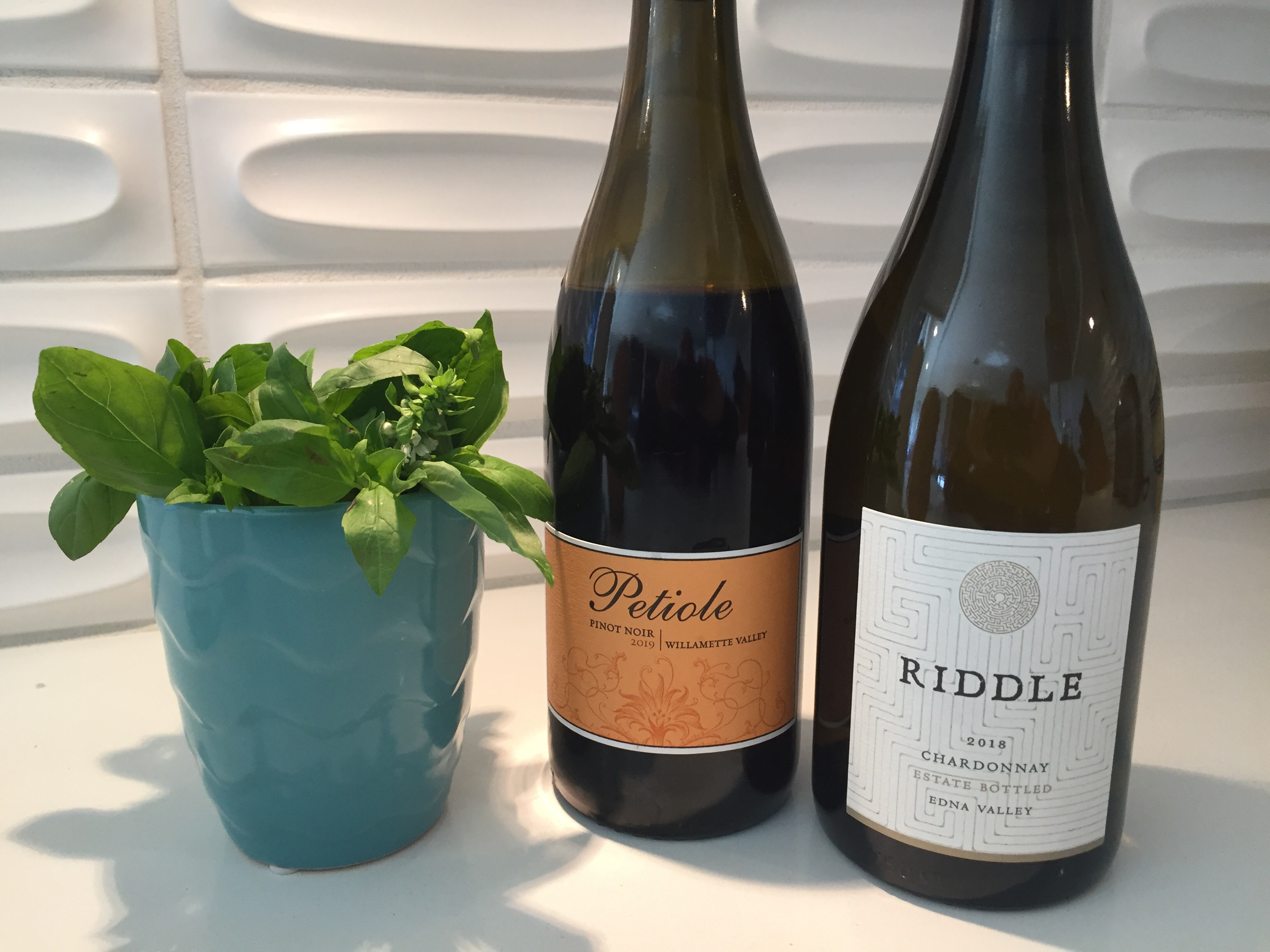 Bottle of 2019 Petiole Pinot Noir and 2018 Riddle Chardonnay from Trader Joe's