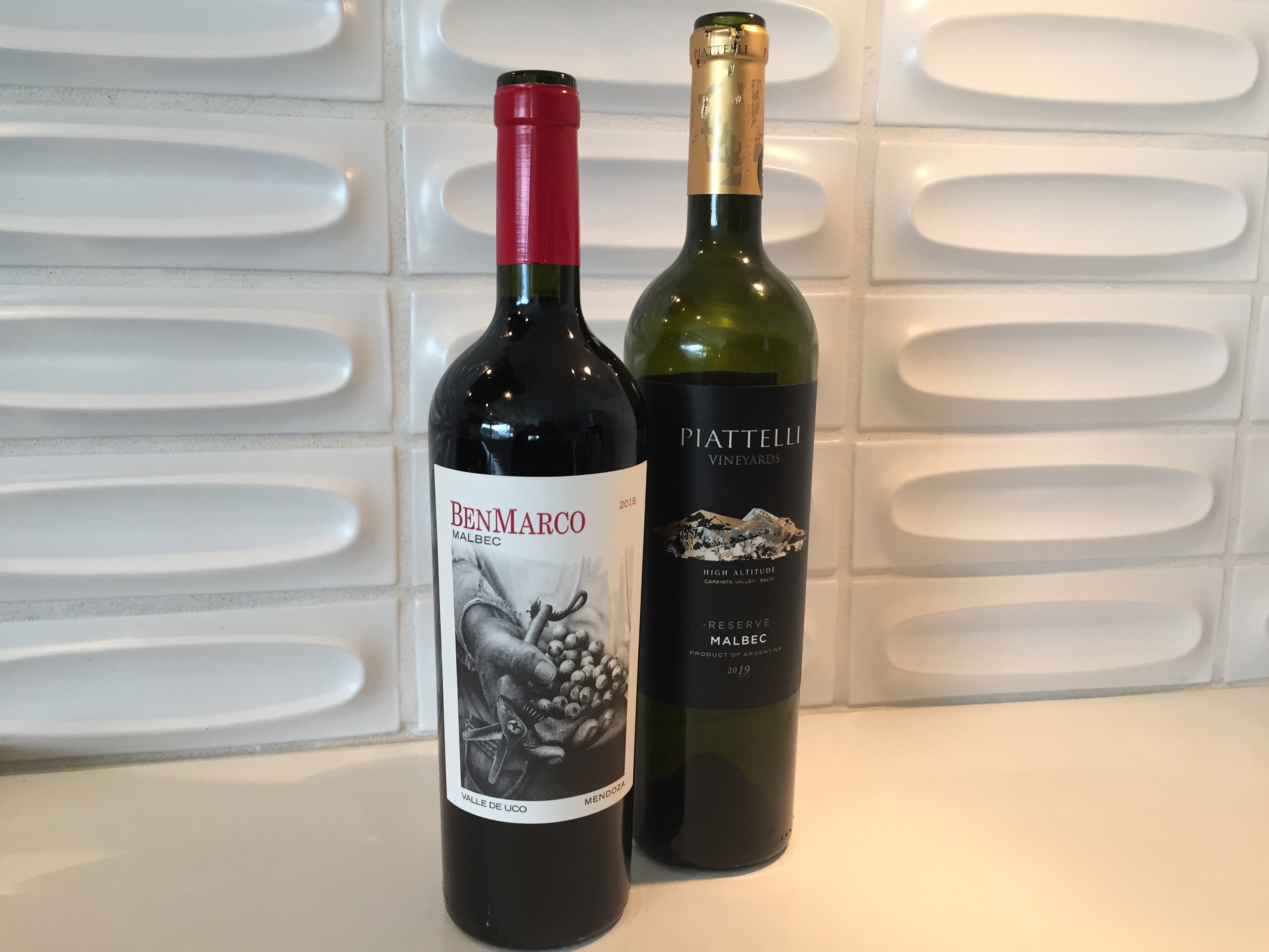 Bottle of Ben Marco 2018 Malbec (left)and Piatelli Vineyards 2019 Malbec. Both from Argentina and Costco.