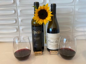 Bottle and glass of 2020 Ocean View Pinot Noir, and 2019 Opolo Summit Creak Vineyard Zinfandel
