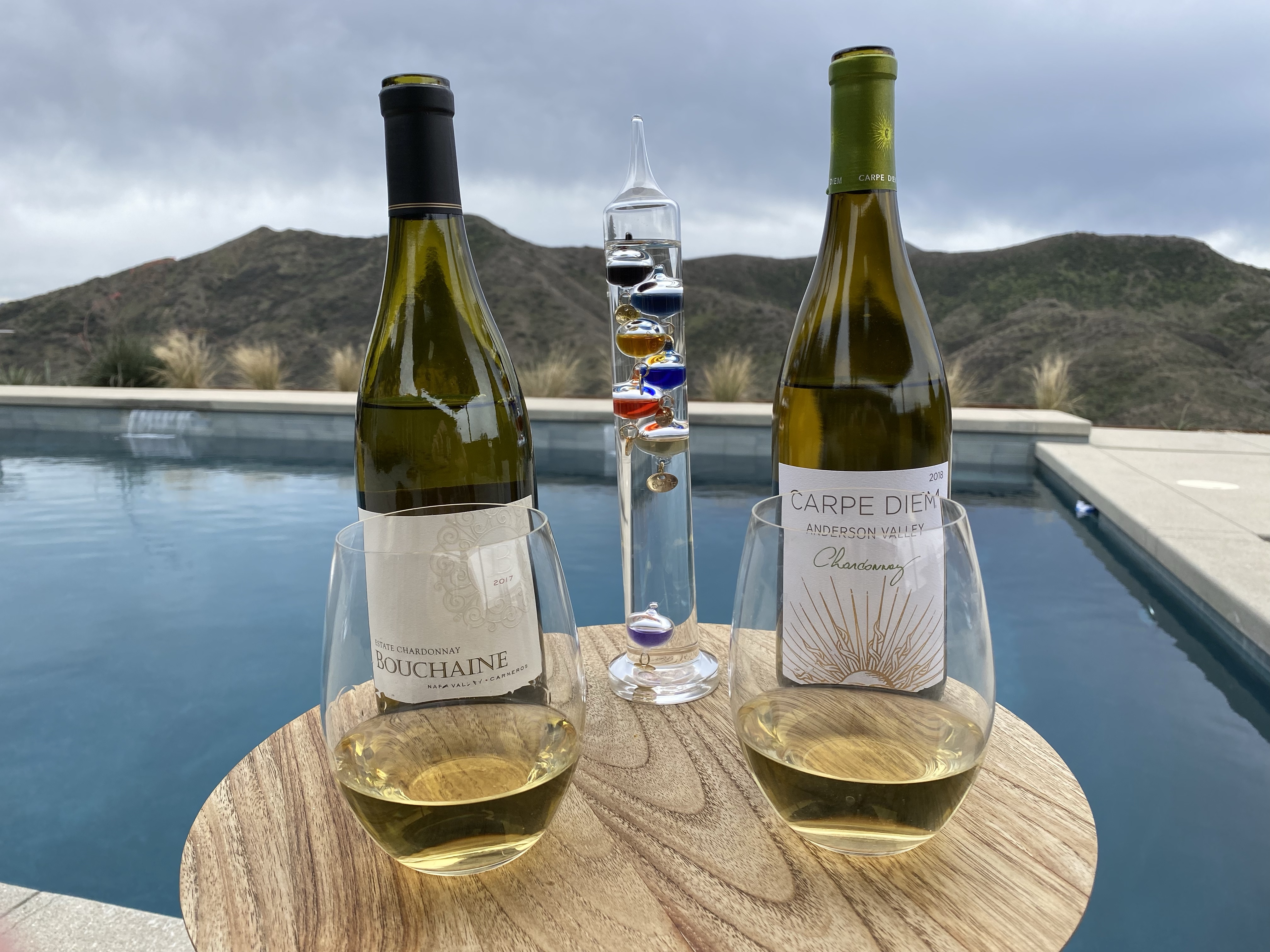 Bottle and glass of 2017 Bouchaine Chardonnay and Carpe Diem Chadonnary