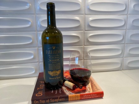 Bottle and glass of 2015 Barreri & Rovati Barbaresco Riseva.