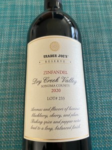 Front label of 2020 Trader Joe's Reserve Zinfandel, Lot #233, Dry Creek Valley, Sonoma County