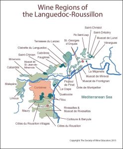 Map showing the wine regions within the Languedoc-Rousillon area, which includes St. Chinian north of Corbieres