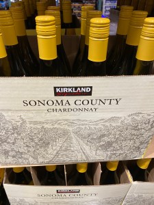Costco store display of 2021 Kirkland Signature Chardonnay, Sonoma County, Califorinia - just $6.99