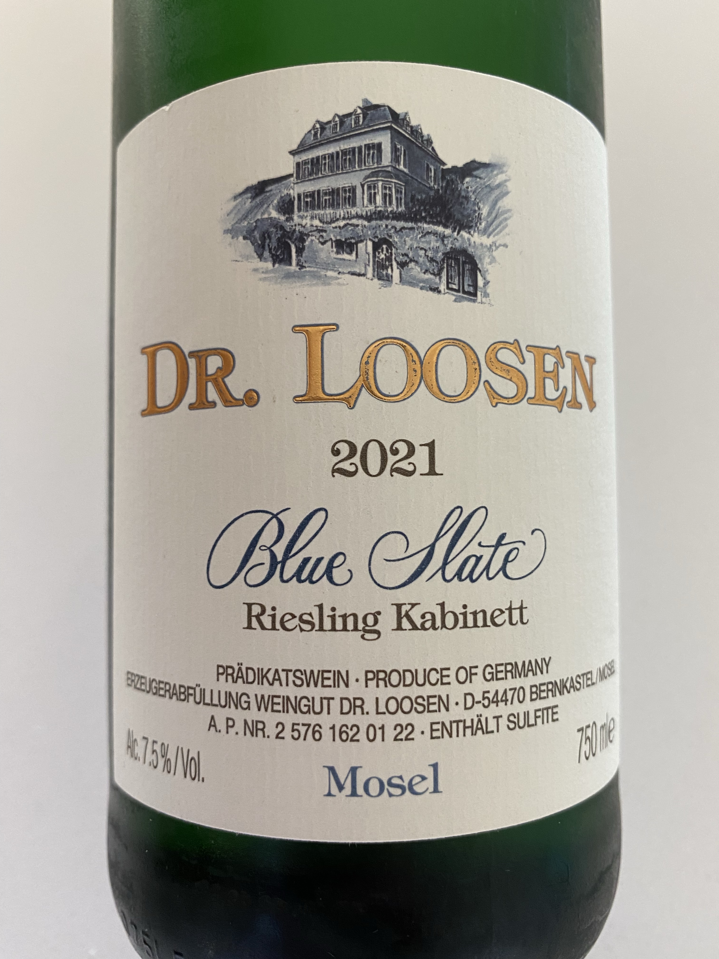 Front label of 2021 Dr. Loosen Blue Slate Riesling Kabinett, Mosel, Germany from Costco