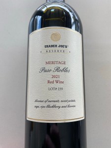 Front label of the 2021 Trader Joe's Reserve Meritage, Lot #239, Paso Robles, CA
