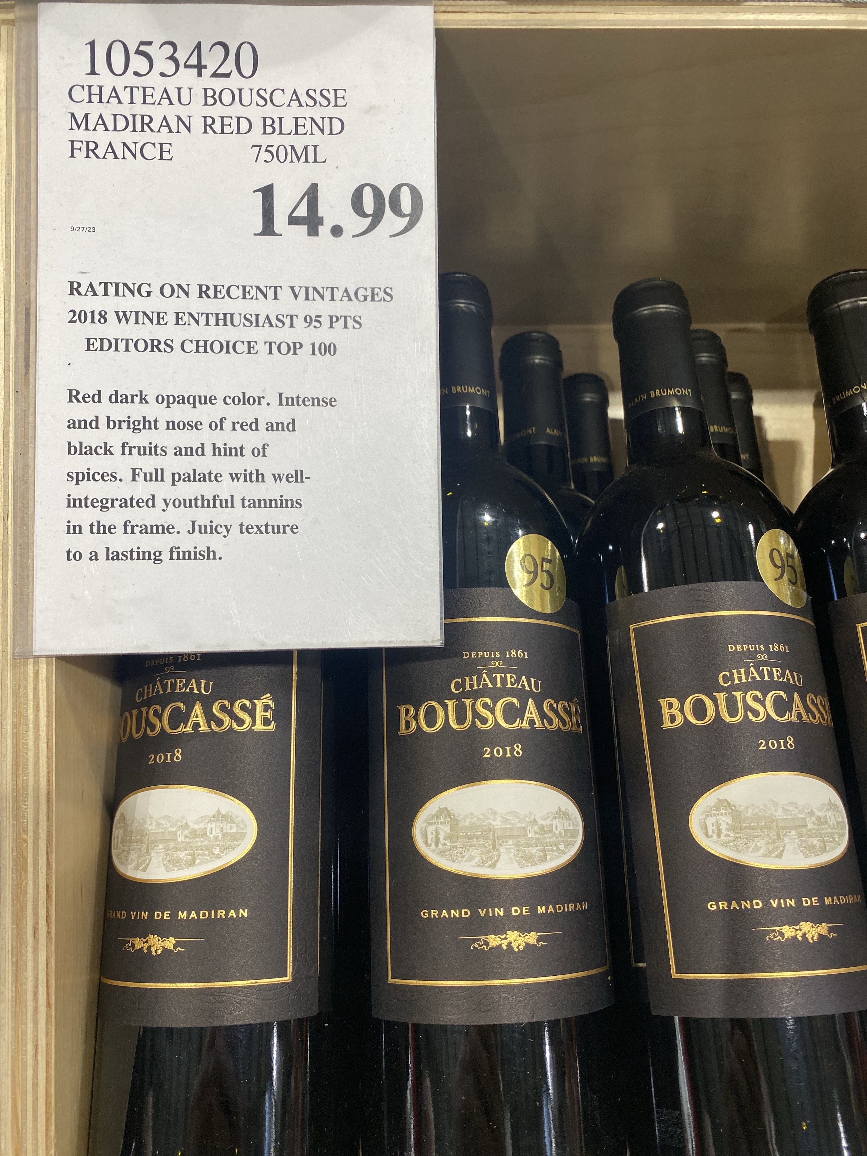 Costco store display of 2018 Château Bouscassé, Madiran France - 95 points from the reputable Wine Enthusiast y'all