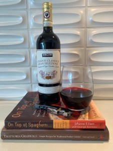 Bottle and glass of the 2019 Kirkland Signature Chianti Classico Gran Selezione
