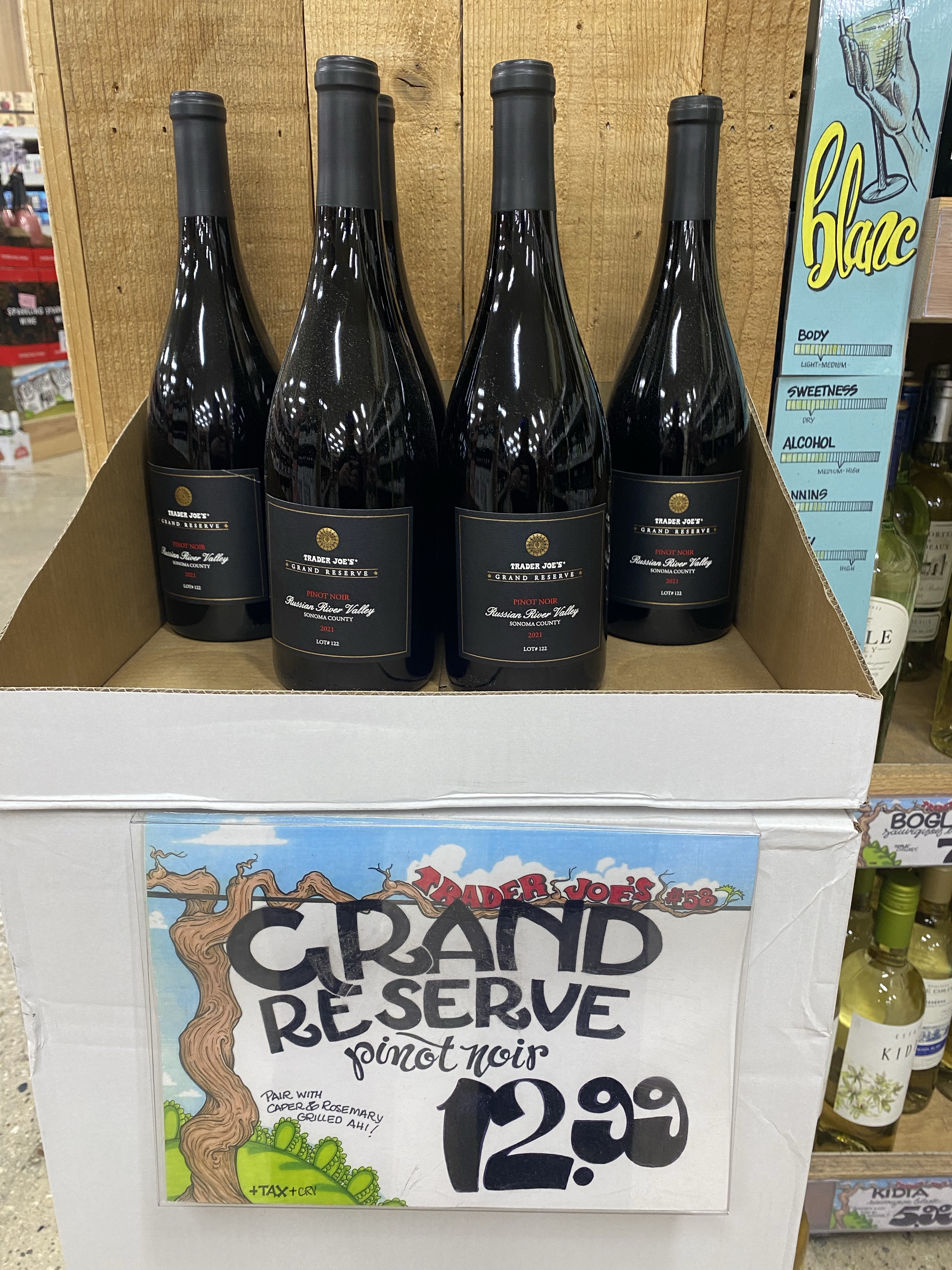 Store display of 2021  Trader Joe's Grand Reserve, Pinot Noir, Russian River Valley