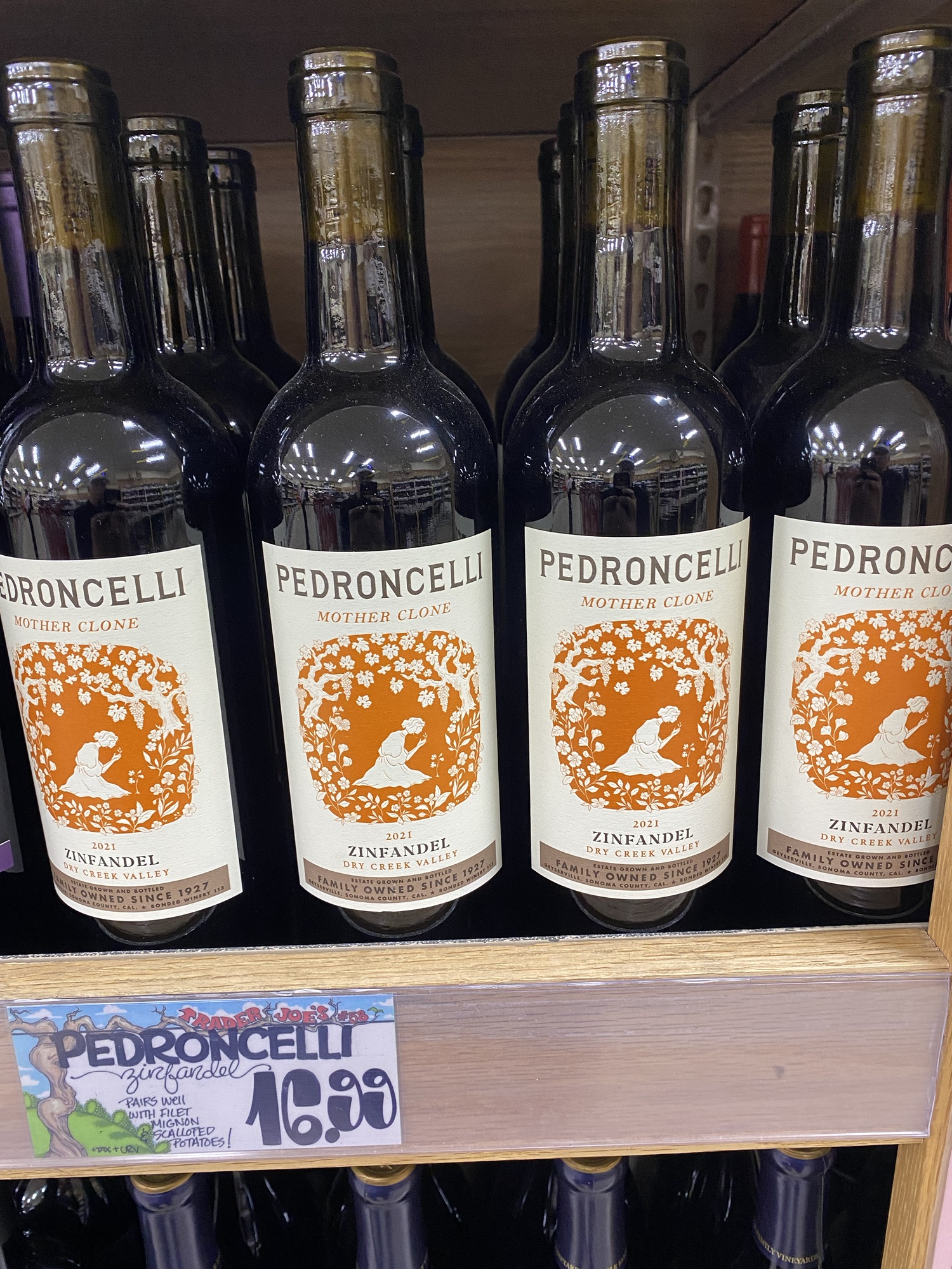 Trader Joe's store display of 2021  Pedroncelli Mother Clone Zinfandel, Dry Creek Valley, Sonoma California
