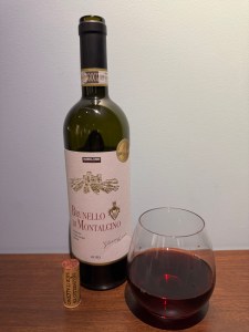 Bottle and glass of the 2019 Kirkland Signature Brunello di Montalcino