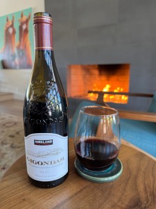 Bottle and glass of the 2022 Kirkland Signature Gigondas