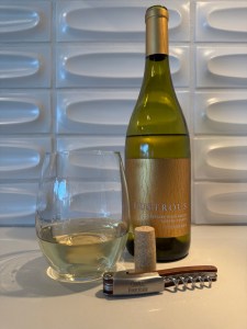 Bottle and glass of the 2023 Lustrous Chardonnay, Russian River Valley