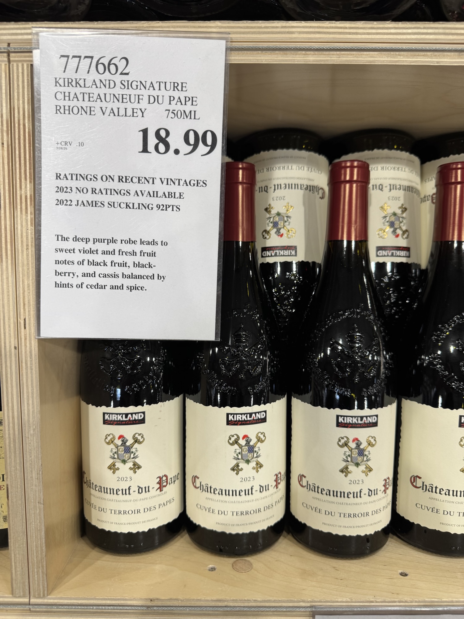 Costco store display of the 2023 Kirkland Signature Châteauneuf-du-Pape