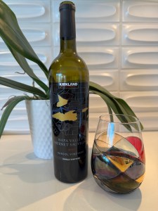 A tasty pour. Bottle and glass of the 2022 Kirkland Signature Cabernet Sauvignon, Suscol Vineyard
